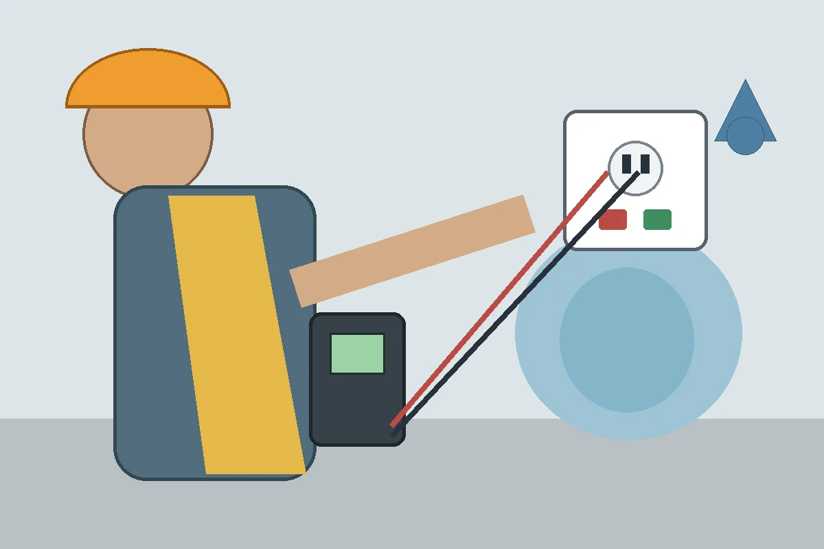 Licensed electrician checking electrical safety near a protected receptacle in a damp basement