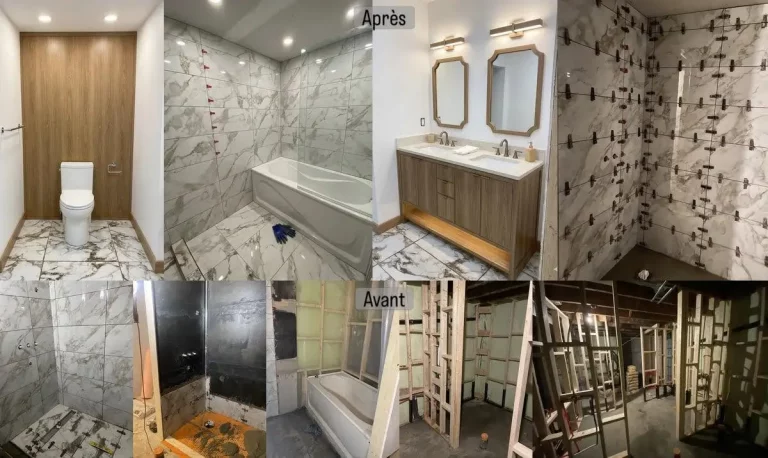 Modern bathroom renovation with white marble tiles, floating vanity and rainfall shower in Mirabel home