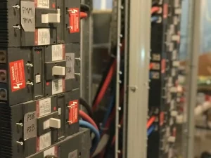 Close-up of a residential electrical circuit breaker panel with multiple switches