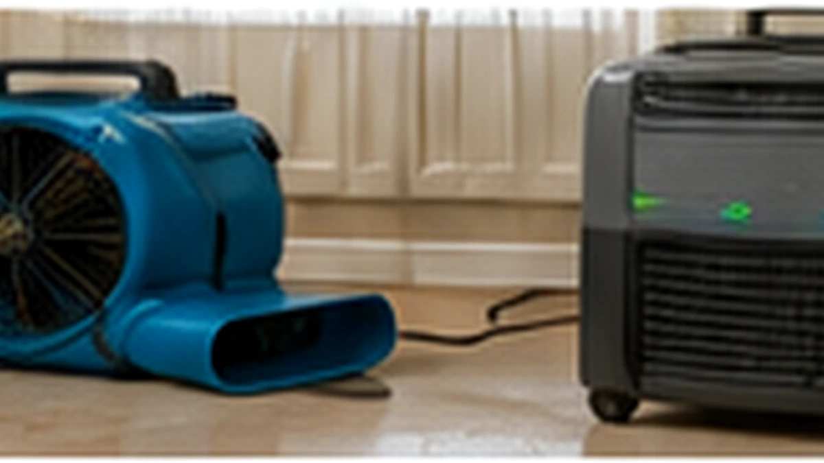 Controlled Drying After Water Damage Air mover and dehumidifier drying a room after water damage